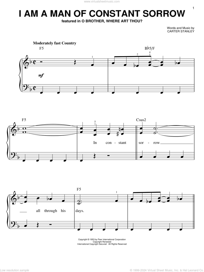 I Am A Man Of Constant Sorrow sheet music for piano solo by The Soggy Bottom Boys, O Brother, Where Art Thou? (Movie) and Carter Stanley, easy skill level