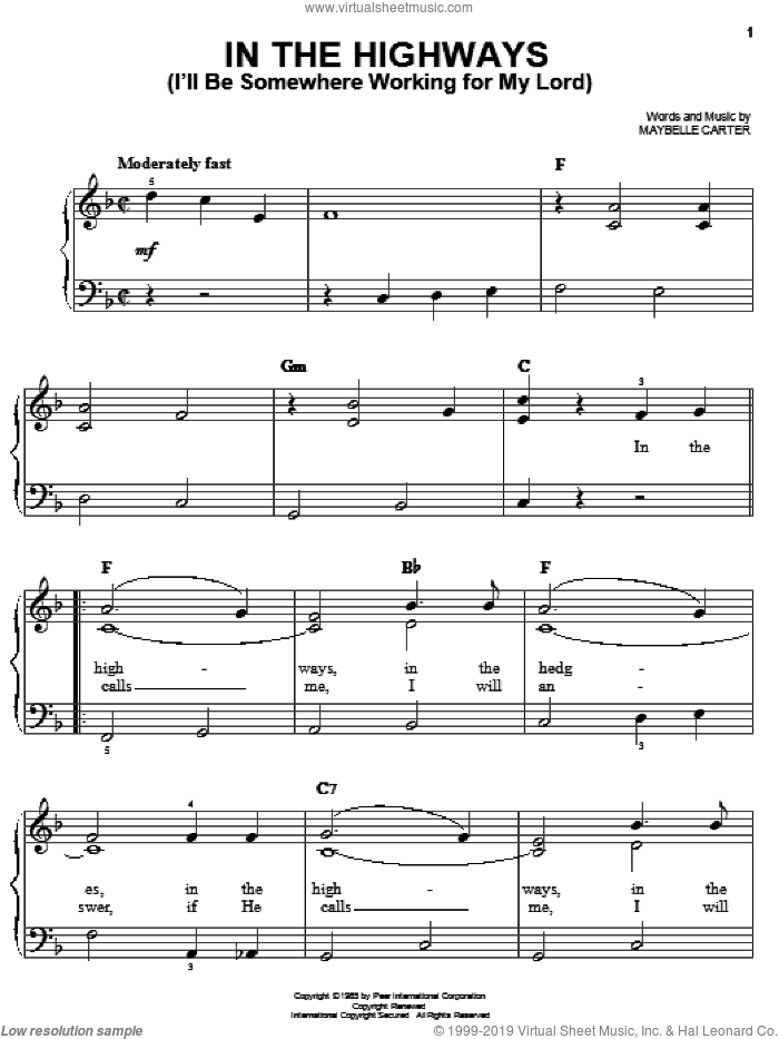 In The Highways (I'll Be Somewhere Working For My Lord) sheet music for piano solo by Maybelle Carter and O Brother, Where Art Thou? (Movie), easy skill level