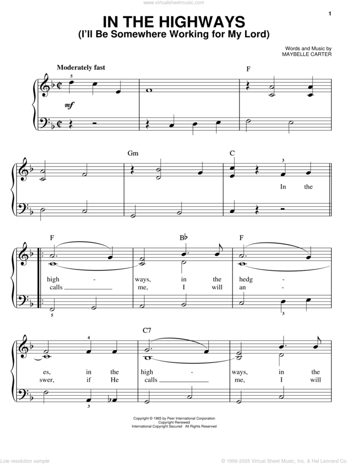 In The Highways (I'll Be Somewhere Working For My Lord) sheet music for piano solo by Maybelle Carter and O Brother, Where Art Thou? (Movie), easy skill level