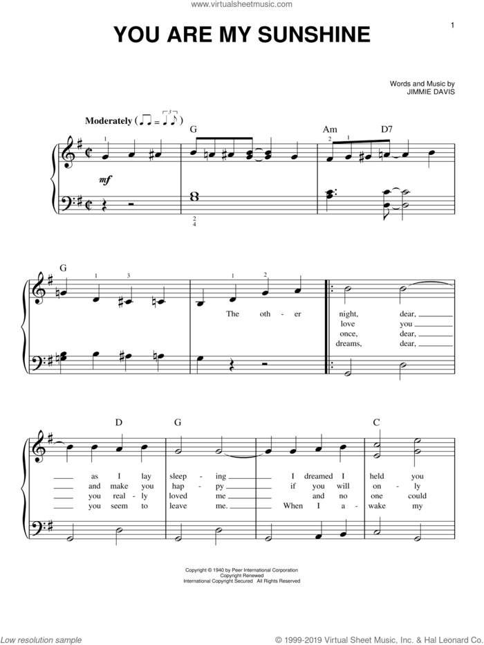 You Are My Sunshine sheet music for piano solo by Norman Blake, O Brother, Where Art Thou? (Movie), Charles Mitchell and Jimmie Davis, beginner skill level