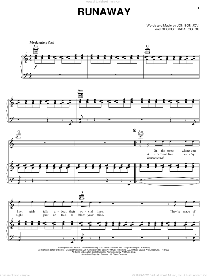 Runaway sheet music for voice, piano or guitar by Bon Jovi and George Karak, intermediate skill level