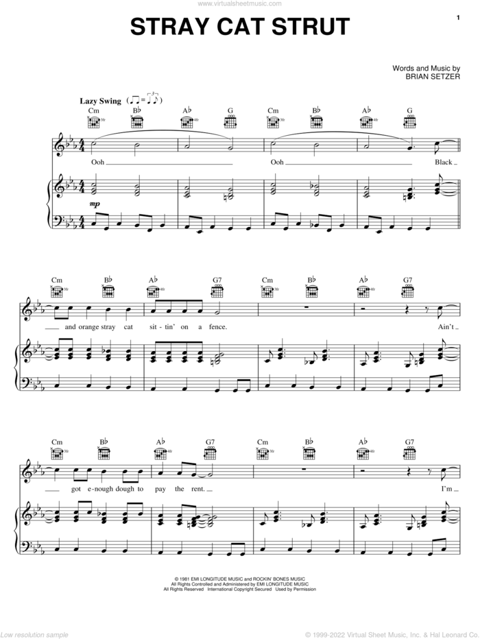 Stray Cat Strut sheet music for voice, piano or guitar by Stray Cats and Brian Setzer, intermediate skill level