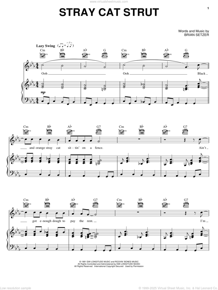 Stray Cat Strut sheet music for voice, piano or guitar by Stray Cats and Brian Setzer, intermediate skill level