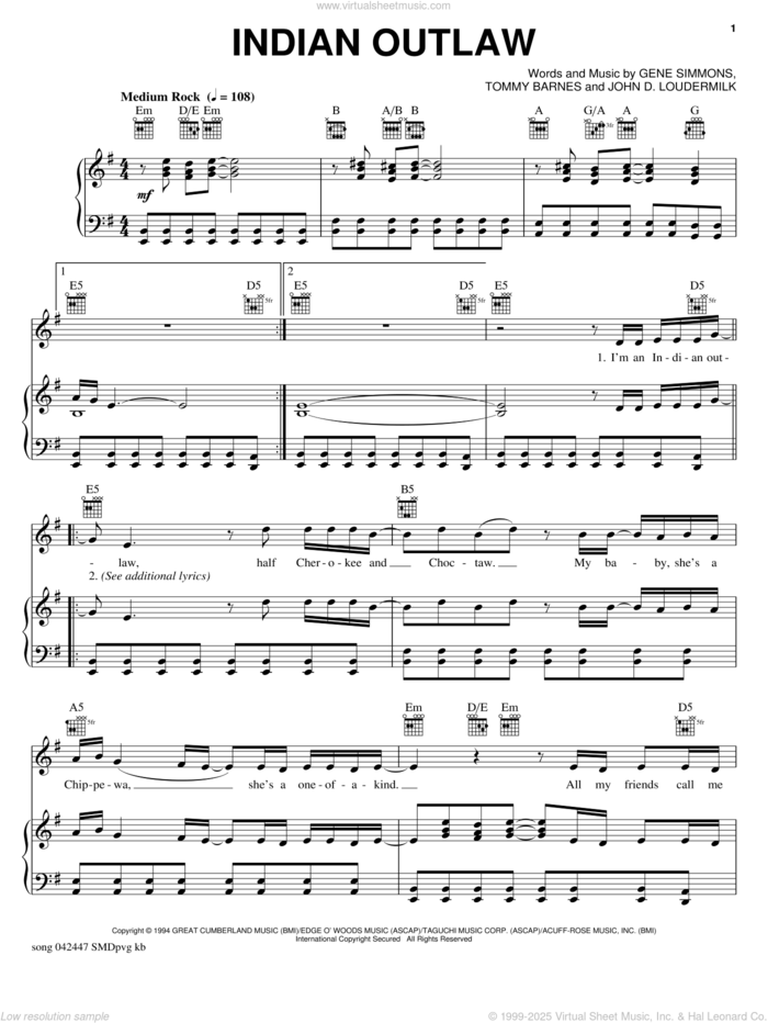 Indian Outlaw sheet music for voice, piano or guitar by Tim McGraw, Eugene Simmons, John Loudermilk and Thomas Barnes, intermediate skill level