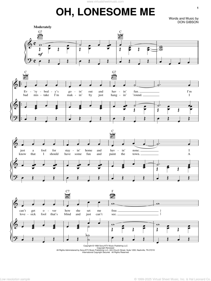 Oh, Lonesome Me sheet music for voice, piano or guitar by Don Gibson, intermediate skill level