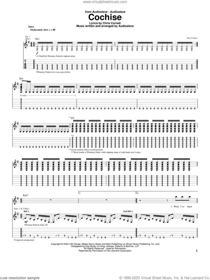 Cochise sheet music for guitar (tablature) by Audioslave and Chris Cornell, intermediate skill level