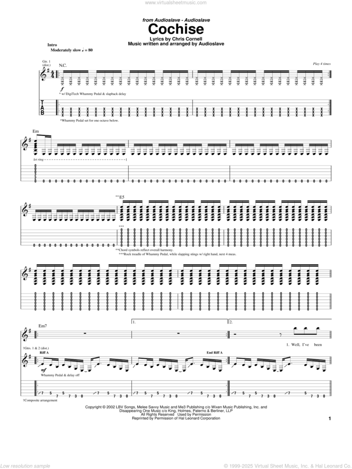 Cochise sheet music for guitar (tablature) by Audioslave and Chris Cornell, intermediate skill level