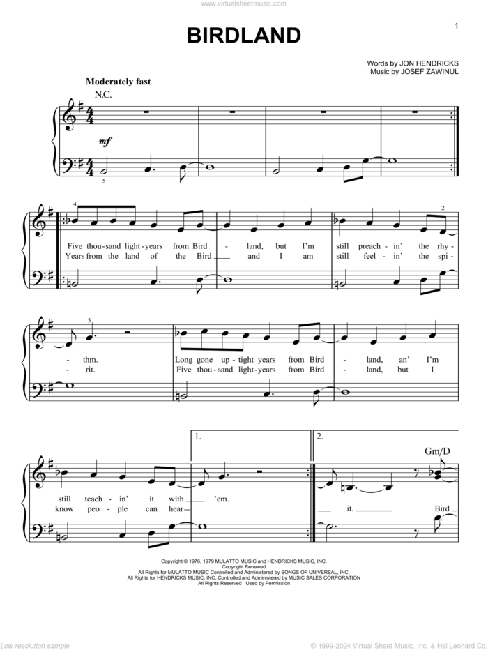 Birdland sheet music for piano solo by Weather Report, Jon Hendricks and Josef Zawinul, beginner skill level