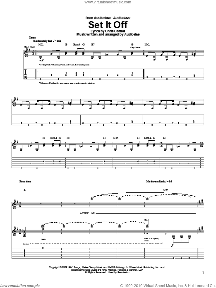 Set It Off sheet music for guitar (tablature) by Audioslave and Chris Cornell, intermediate skill level
