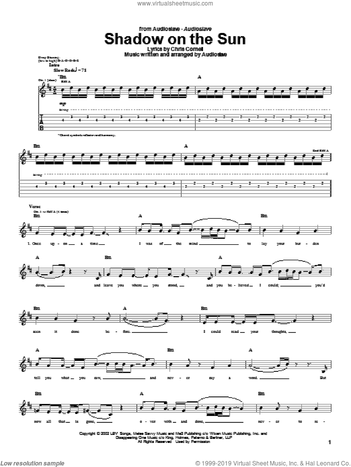 Shadow On The Sun sheet music for guitar (tablature) by Audioslave and Chris Cornell, intermediate skill level