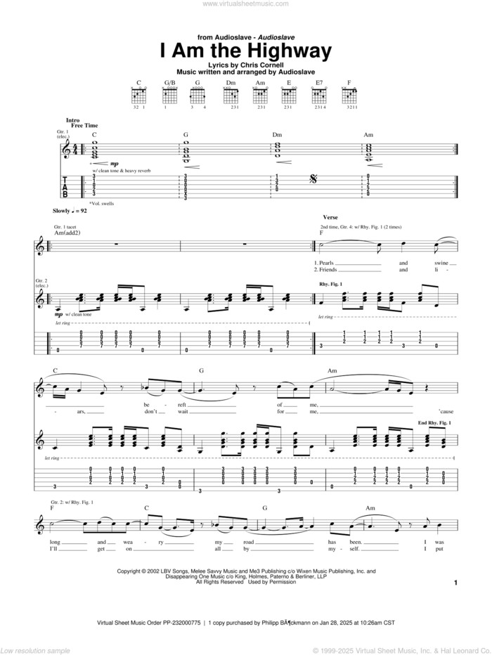 I Am The Highway sheet music for guitar (tablature) by Audioslave and Chris Cornell, intermediate skill level