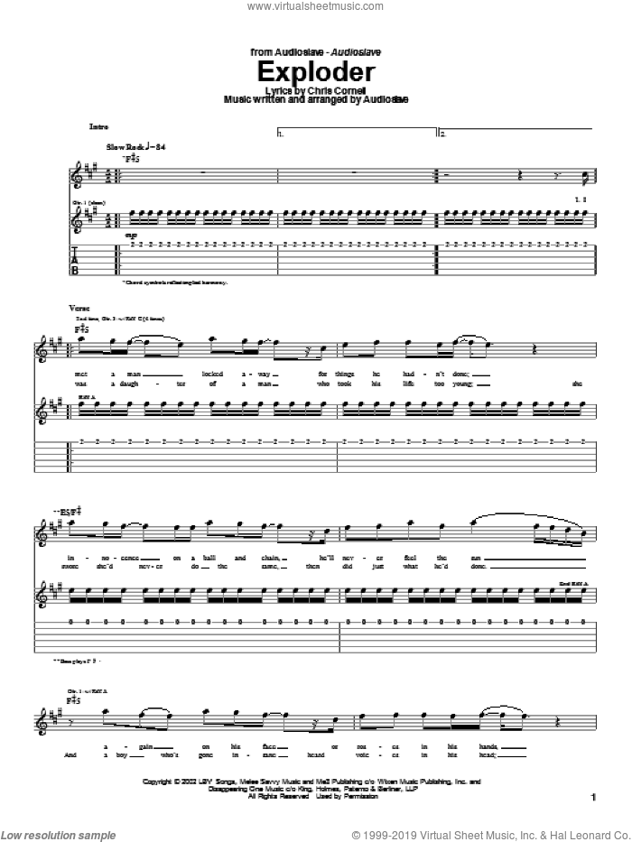 Exploder sheet music for guitar (tablature) by Audioslave and Chris Cornell, intermediate skill level