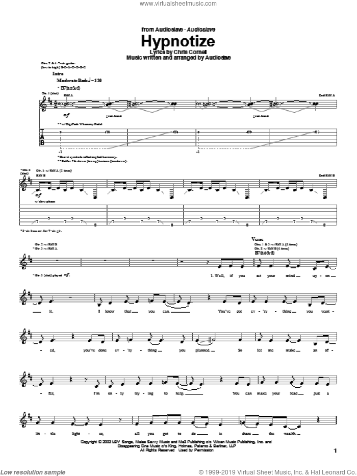 Hypnotize sheet music for guitar (tablature) by Audioslave and Chris Cornell, intermediate skill level
