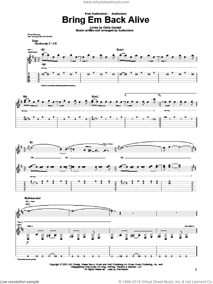 Bring Em Back Alive sheet music for guitar (tablature) by Audioslave and Chris Cornell, intermediate skill level