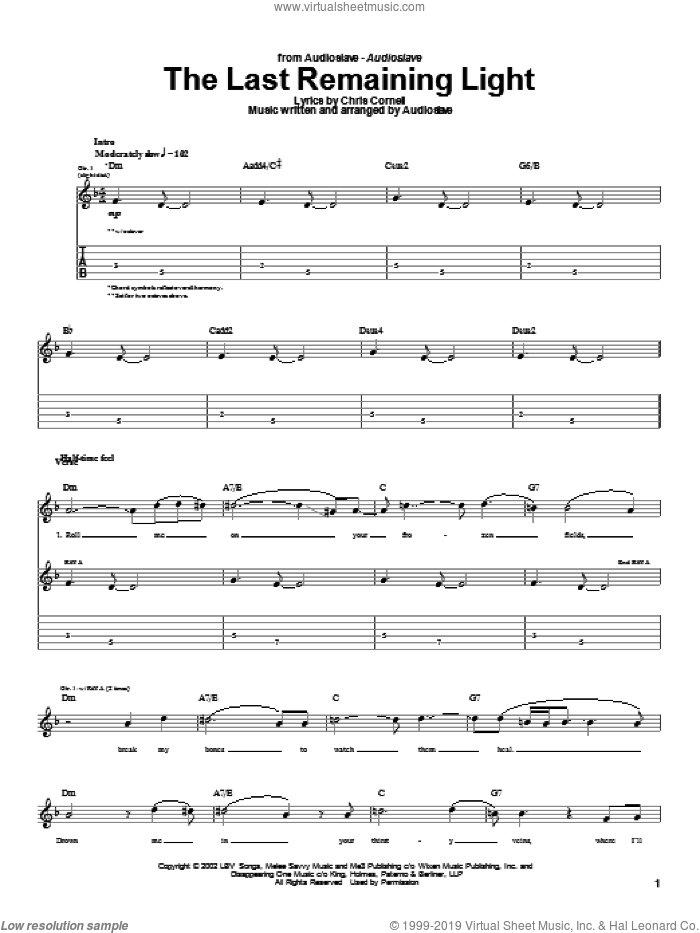 The Last Remaining Light sheet music for guitar (tablature) by Audioslave and Chris Cornell, intermediate skill level