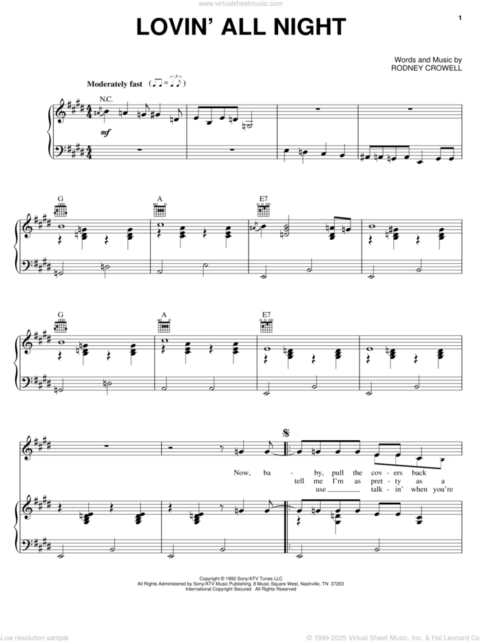 Lovin' All Night sheet music for voice, piano or guitar by Patty Loveless and Rodney Crowell, intermediate skill level