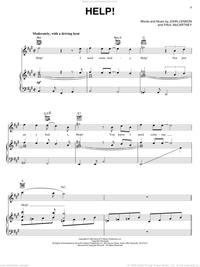 Help! sheet music for voice, piano or guitar by The Beatles, John Lennon and Paul McCartney, intermediate skill level