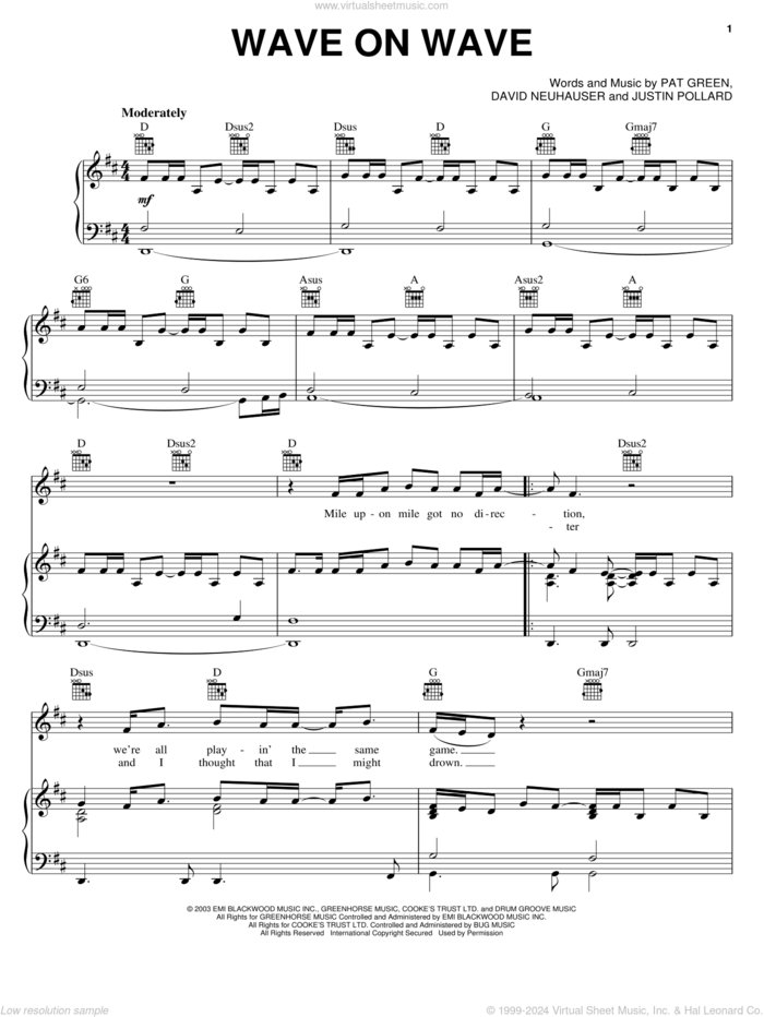 Wave On Wave sheet music for voice, piano or guitar by Pat Green, David Neuhauser and Justin Pollard, intermediate skill level