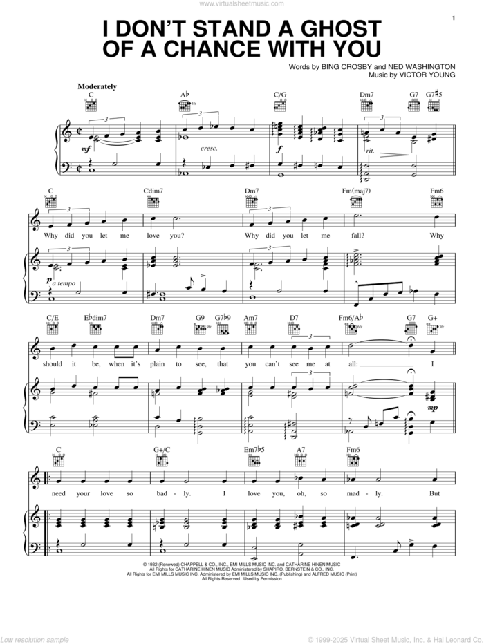 I Don't Stand A Ghost Of A Chance sheet music for voice, piano or guitar by Bing Crosby, Ned Washington and Victor Young, intermediate skill level