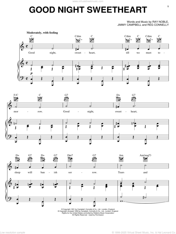 Good Night Sweetheart sheet music for voice, piano or guitar by Dean Martin, Bing Crosby, Jimmy Campbell, Ray Noble and Reg Connelly, intermediate skill level
