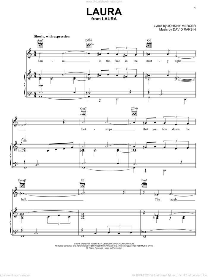 Laura sheet music for voice, piano or guitar by Frank Sinatra, Erroll Garner, Nat King Cole, David Raksin and Johnny Mercer, intermediate skill level