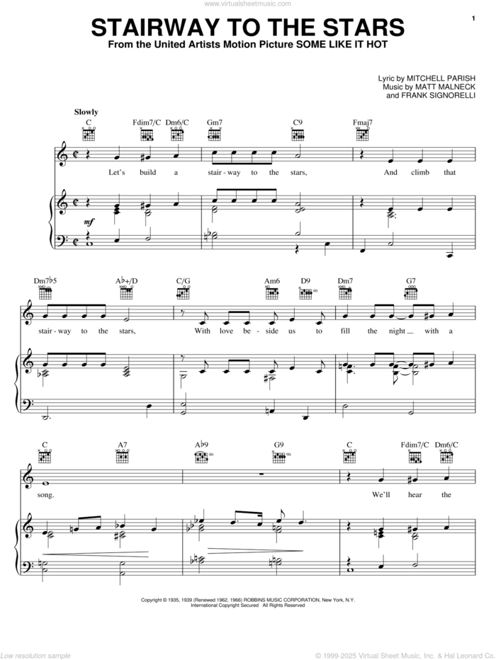 Stairway To The Stars sheet music for voice, piano or guitar by Ella Fitzgerald, Glenn Miller, Natalie Cole, Frank Signorelli, Matt Malneck and Mitchell Parish, intermediate skill level