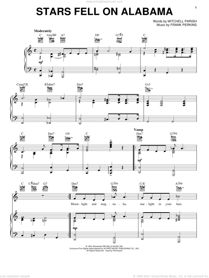 Stars Fell On Alabama sheet music for voice, piano or guitar by Ella Fitzgerald, Billie Holiday, Louis Armstrong, Frank Perkins and Mitchell Parish, intermediate skill level