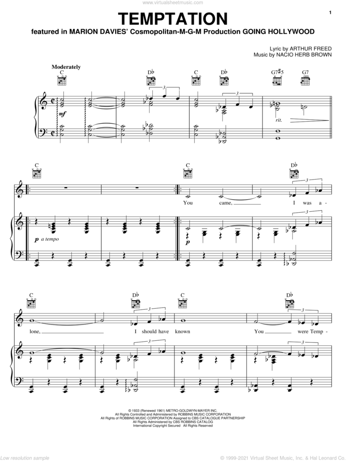 Temptation sheet music for voice, piano or guitar by Bing Crosby, Everly Brothers, Perry Como, Arthur Freed and Nacio Herb Brown, intermediate skill level