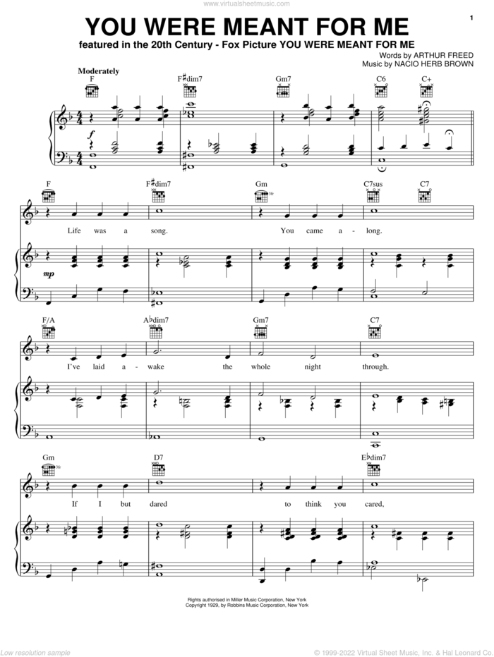 You Were Meant For Me sheet music for voice, piano or guitar by Gene Kelly, Sting, Arthur Freed and Nacio Herb Brown, intermediate skill level