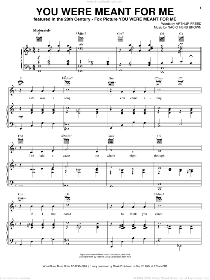 You Were Meant For Me sheet music for voice, piano or guitar by Gene Kelly, Sting, Arthur Freed and Nacio Herb Brown, intermediate skill level