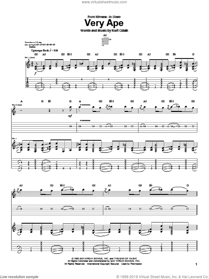 Very Ape sheet music for guitar (tablature) by Nirvana and Kurt Cobain, intermediate skill level