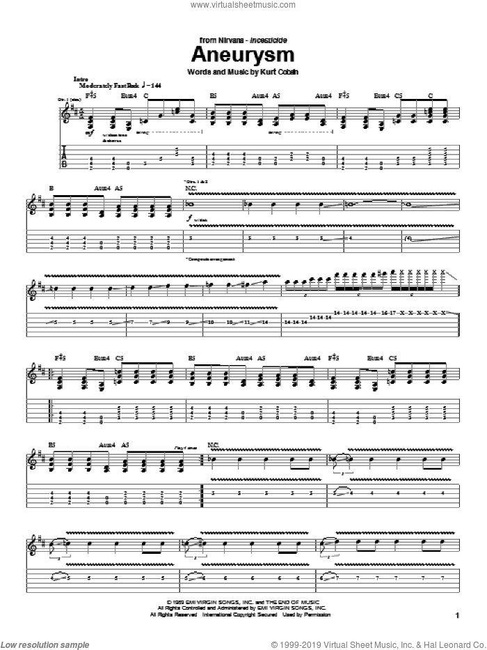 Aneurysm sheet music for guitar (tablature) by Nirvana and Kurt Cobain, intermediate skill level