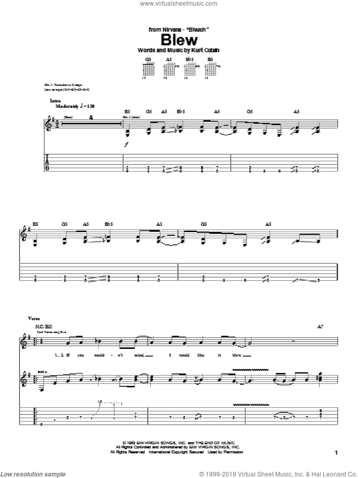 Blew sheet music for guitar (tablature) by Nirvana and Kurt Cobain, intermediate skill level