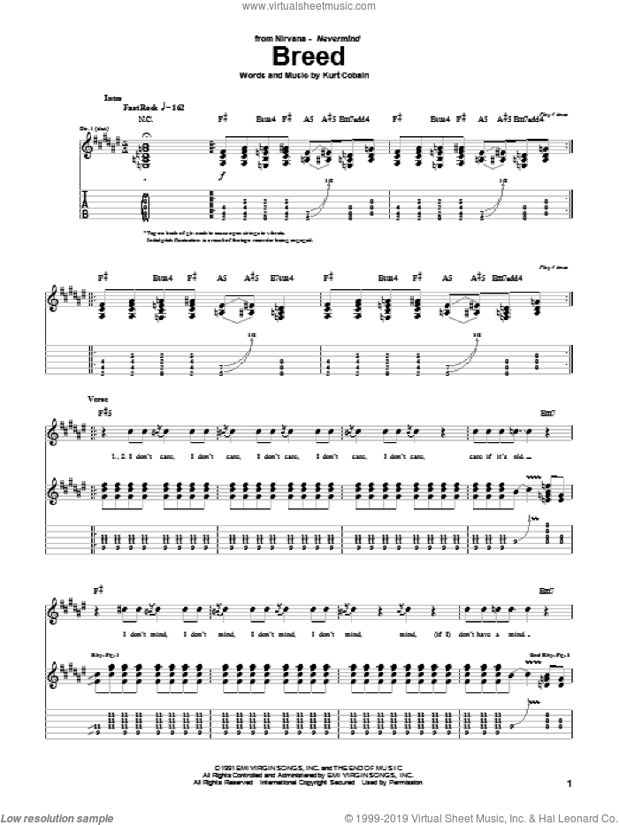 Breed sheet music for guitar (tablature) by Nirvana and Kurt Cobain, intermediate skill level