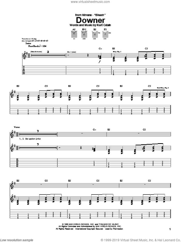 Downer sheet music for guitar (tablature) by Nirvana and Kurt Cobain, intermediate skill level