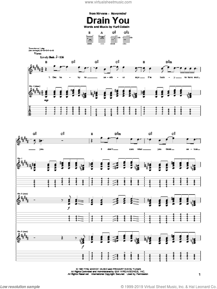 Drain You sheet music for guitar (tablature) by Nirvana and Kurt Cobain, intermediate skill level