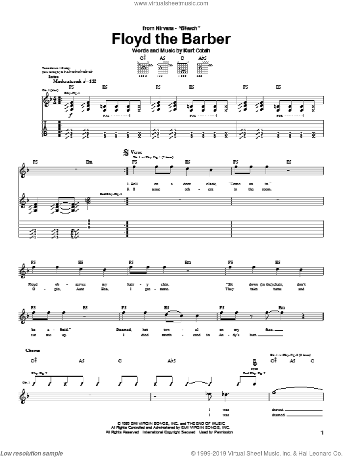 Floyd The Barber sheet music for guitar (tablature) by Nirvana and Kurt Cobain, intermediate skill level