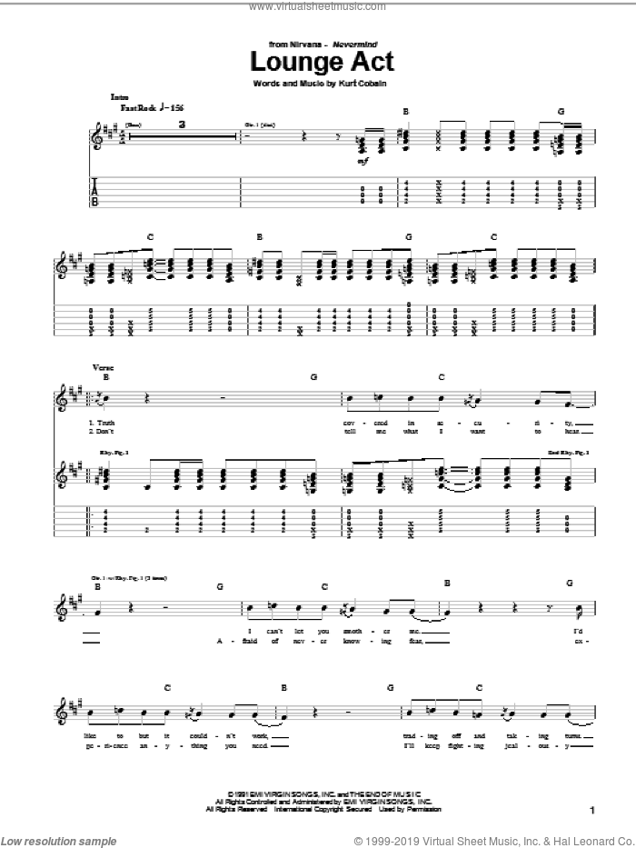 Lounge Act sheet music for guitar (tablature) by Nirvana and Kurt Cobain, intermediate skill level