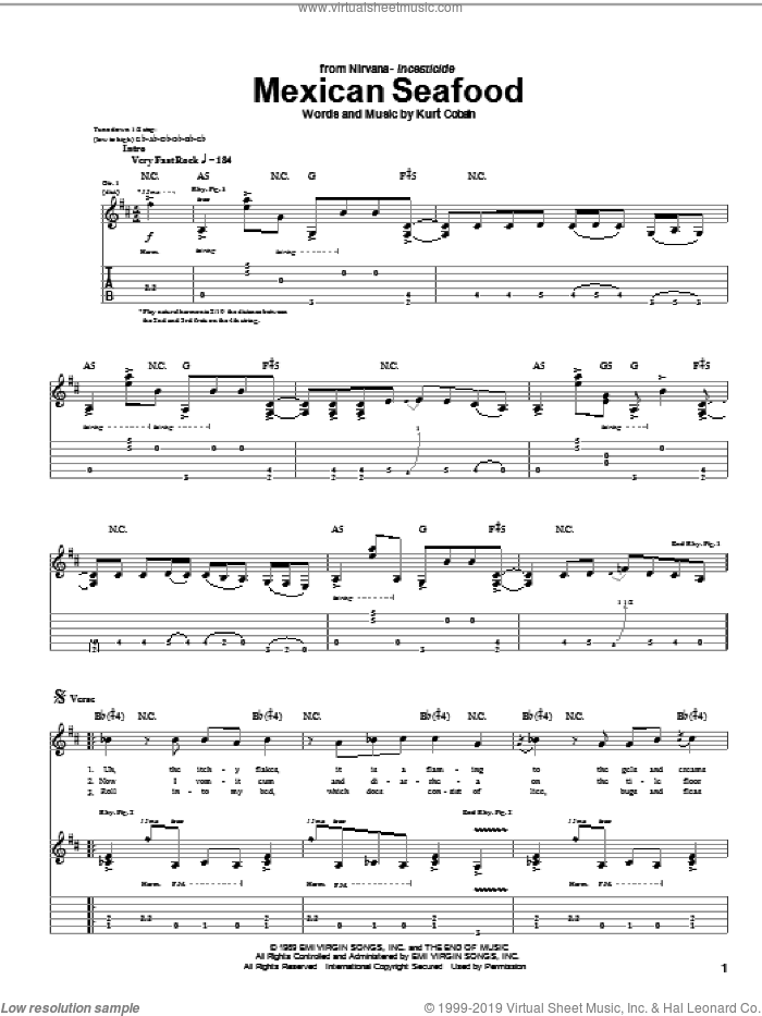 Mexican Seafood sheet music for guitar (tablature) by Nirvana and Kurt Cobain, intermediate skill level