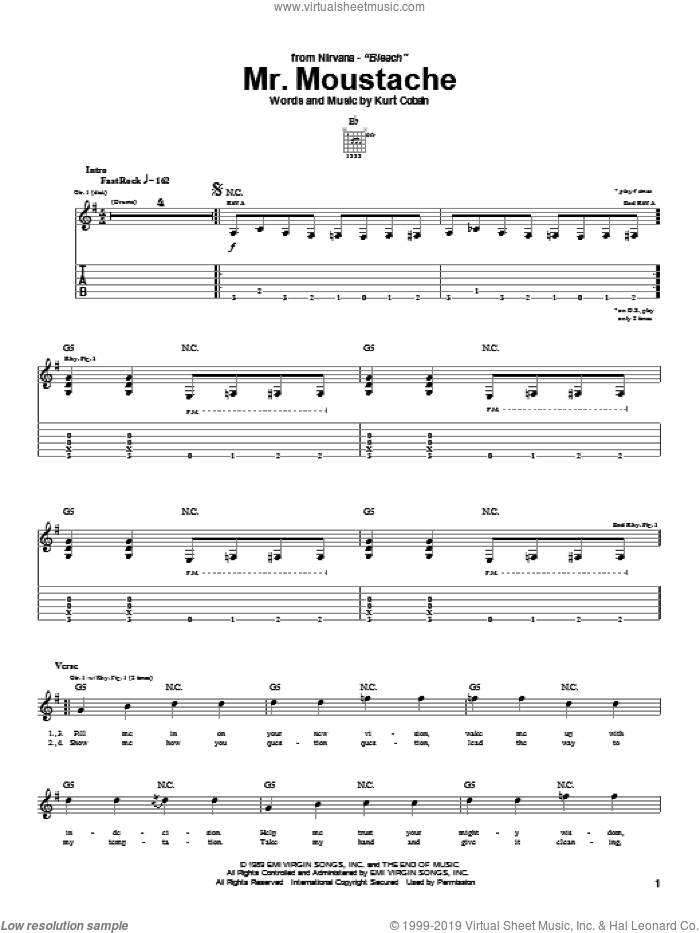 Mr. Moustache sheet music for guitar (tablature) by Nirvana and Kurt Cobain, intermediate skill level