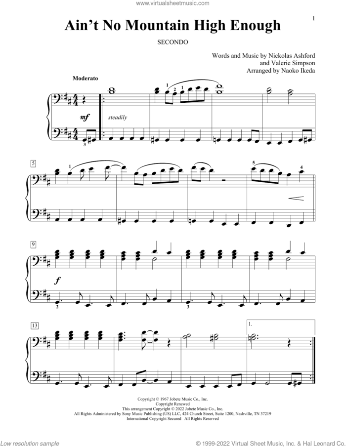Ain't No Mountain High Enough (arr. Naoko Ikeda) sheet music for piano four hands by Marvin Gaye & Tammi Terrell, Naoko Ikeda, Nickolas Ashford and Valerie Simpson, intermediate skill level