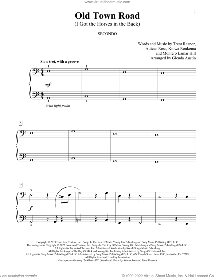 Old Town Road (I Got The Horses In The Back) (arr. Glenda Austin) sheet music for piano four hands by Lil Nas X feat. Billy Ray Cyrus, Glenda Austin, Atticus Ross, Kiowa Roukema, Montero Lamar Hill and Trent Reznor, intermediate skill level