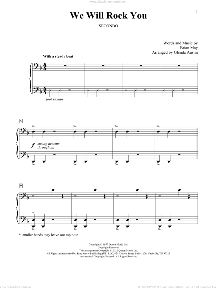 We Will Rock You (arr. Glenda Austin) sheet music for piano four hands by Queen, Glenda Austin and Brian May, intermediate skill level