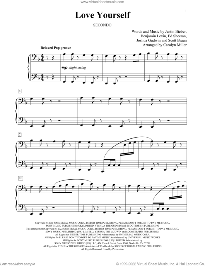 Love Yourself (arr. Carolyn Miller) sheet music for piano four hands by Justin Bieber, Carolyn Miller, Benjamin Levin, Ed Sheeran, Joshua Gudwin and Scott Braun, intermediate skill level