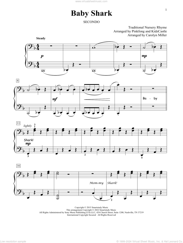 Baby Shark (arr. Carolyn Miller) sheet music for piano four hands by Pinkfong, Carolyn Miller, KidzCastle and Traditional Nursery Rhyme, intermediate skill level