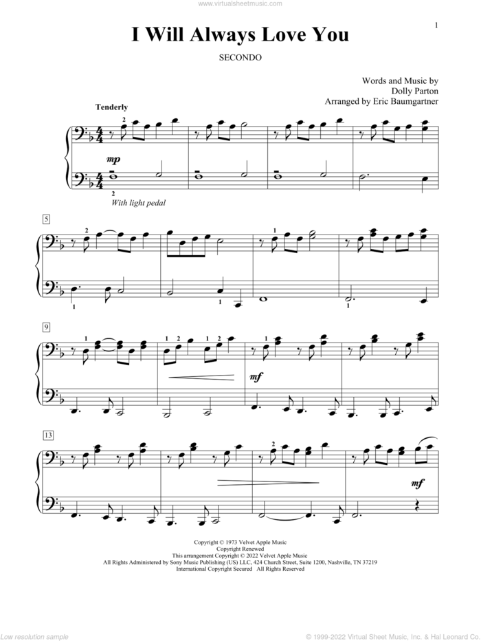 I Will Always Love You (arr. Eric Baumgartner) sheet music for piano four hands by Whitney Houston, Eric Baumgartner and Dolly Parton, wedding score, intermediate skill level