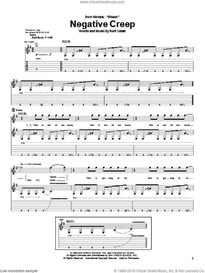 Negative Creep sheet music for guitar (tablature) by Nirvana and Kurt Cobain, intermediate skill level