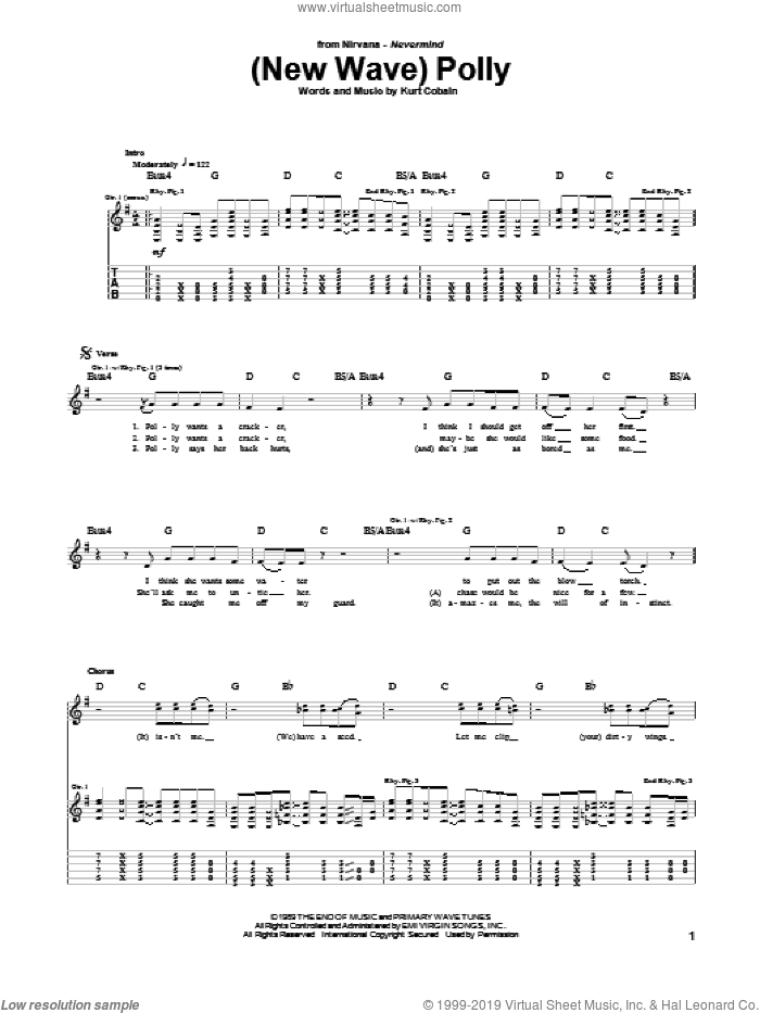 (New Wave) Polly sheet music for guitar (tablature) by Nirvana and Kurt Cobain, intermediate skill level