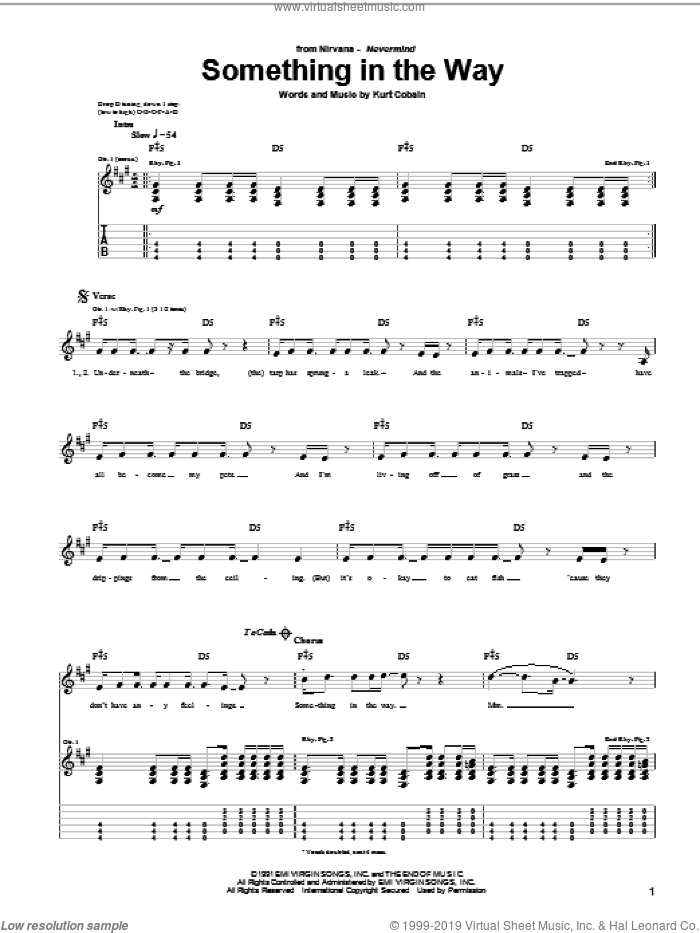 Something In The Way sheet music for guitar (tablature) by Nirvana and Kurt Cobain, intermediate skill level