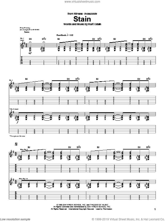 Stain sheet music for guitar (tablature) by Nirvana and Kurt Cobain, intermediate skill level